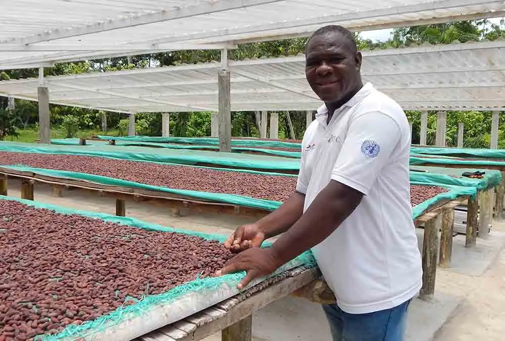 Beneficiario de proyecto de sostenibilidad junto a secadores de cacao con energía solar